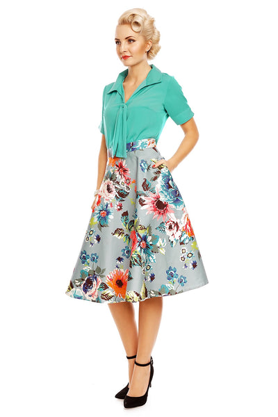 Blossom Pocketed Floral Flared Skirt in Blue-Pink