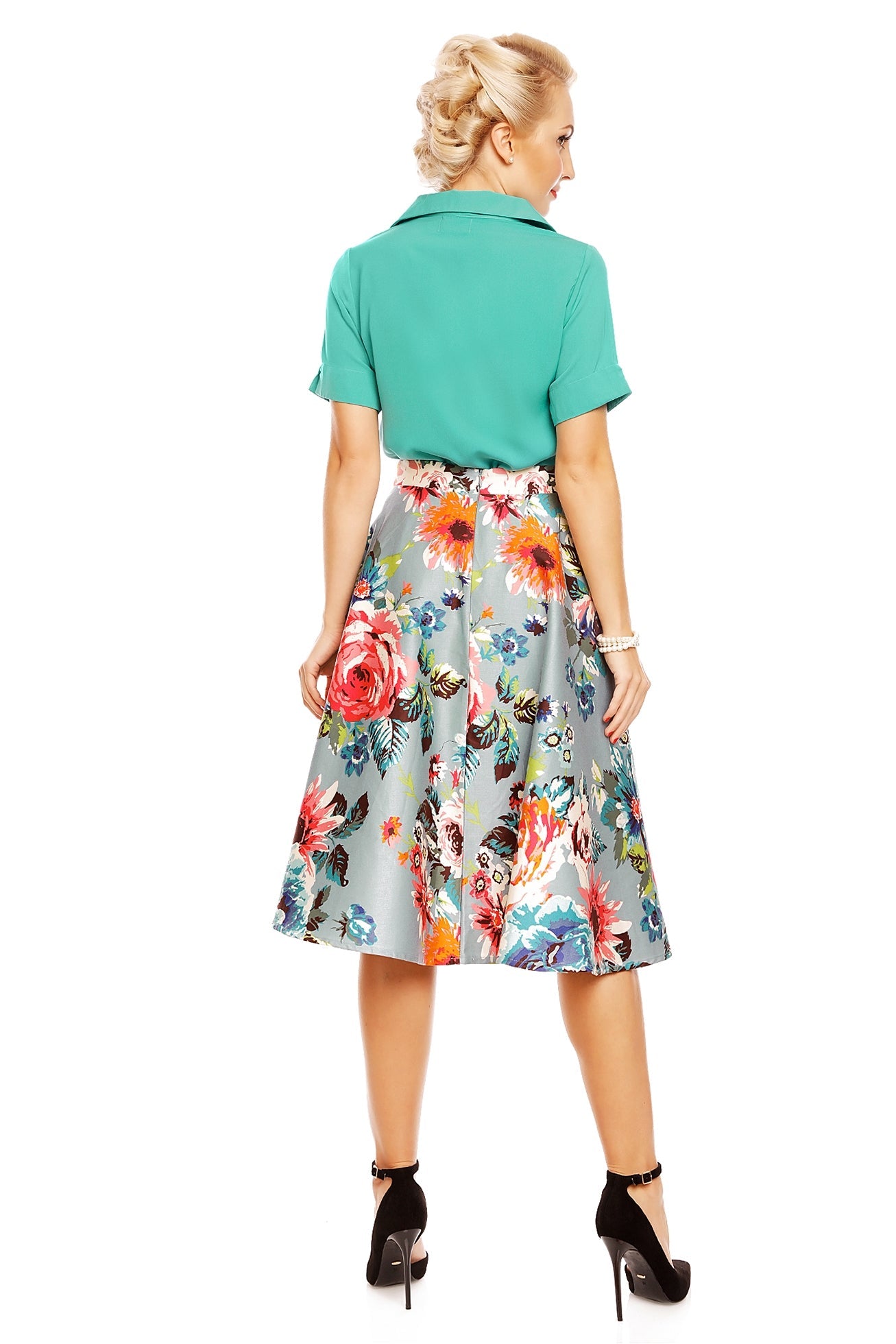 Blossom Pocketed Floral Flared Skirt in Blue-Pink