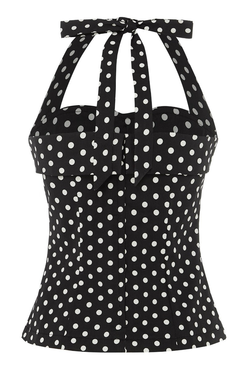 Carmen Stretchy Halterneck Tie Top in Black-White Polka dot