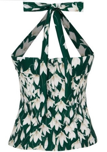 Carmen Stretchy Halterneck Tie Top-Green Snowdrop Flowers
