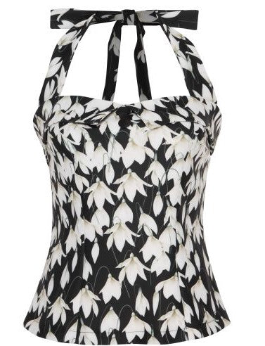 Carmen Stretchy Halterneck Tie Top - Black Snowdrop Flowers