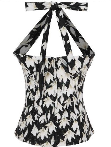 Carmen Stretchy Halterneck Tie Top - Black Snowdrop Flowers
