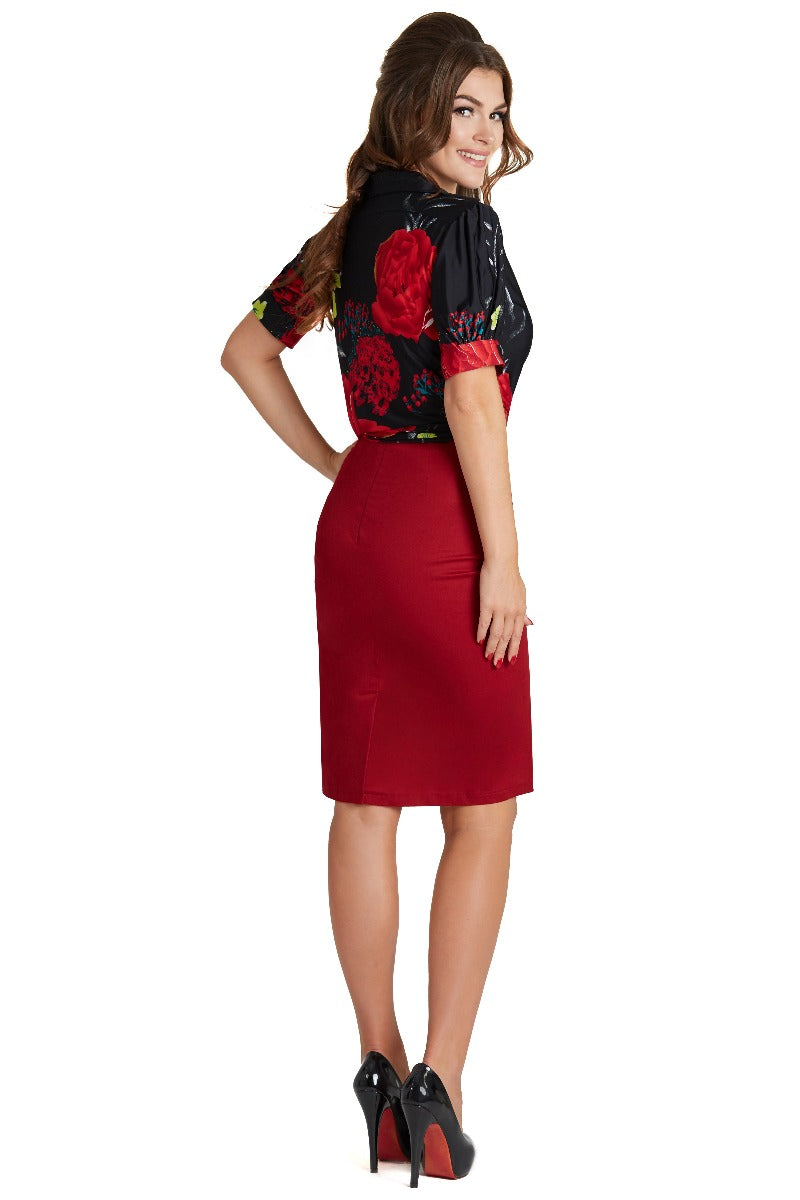 Nellie Wrap-around Top in Black and Red Roses