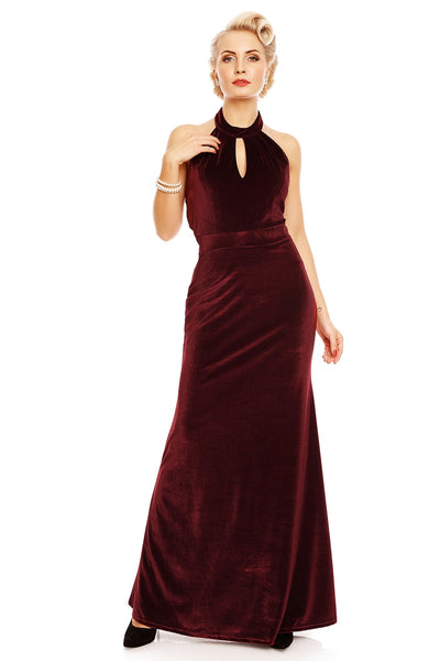 Eleanor Velvet Halterneck 50's Evening Dress in Burgundy