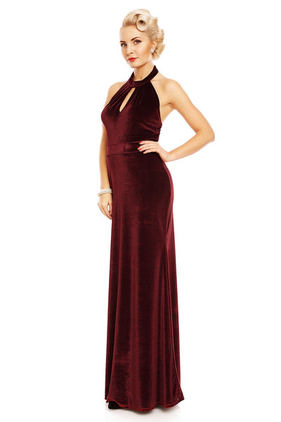 Eleanor Velvet Halterneck 50's Evening Dress in Burgundy