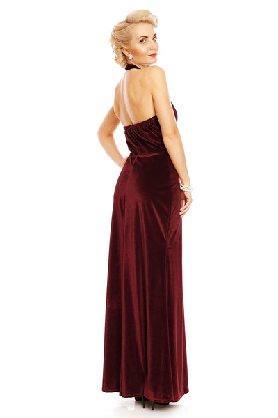 Eleanor Velvet Halterneck 50's Evening Dress in Burgundy
