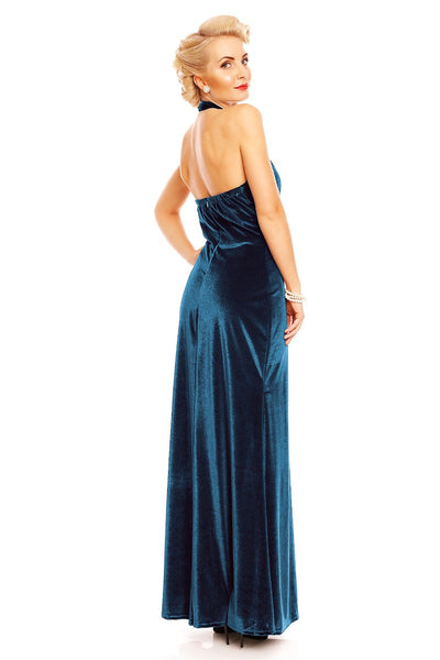 Eleanor Velvet Halterneck 50's Evening Dress in Peacock Blue