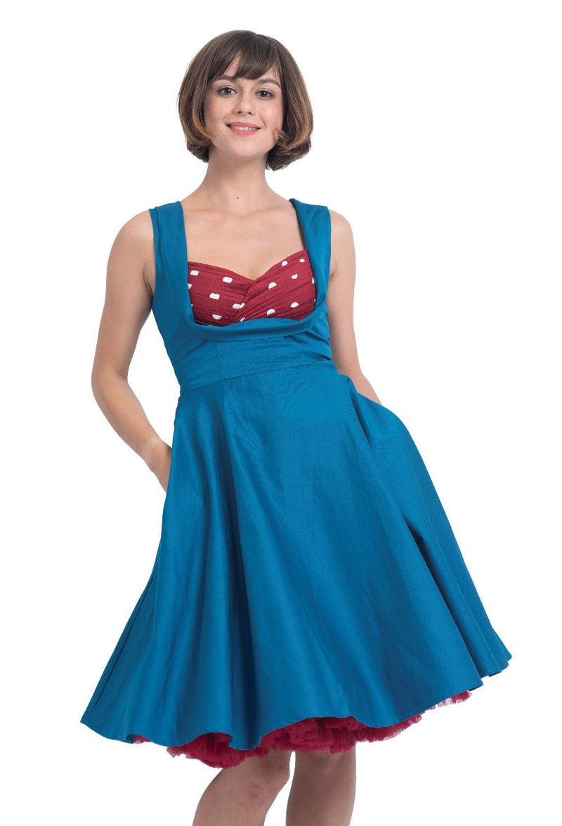  Grace Swing Tea Dress Peacock Blue & Burgundy & White Polka Dots 