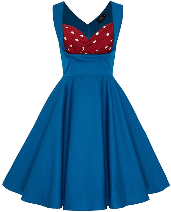 Swing Tea Dress Peacock Blue & Burgundy & White Polka Dots