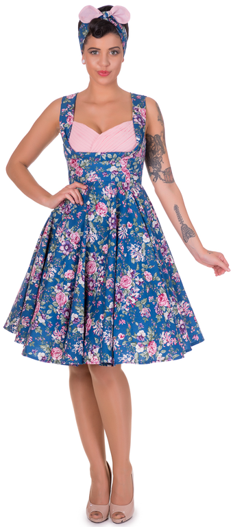 Grace Floral Pleated Tea Dress in Teal/Pink