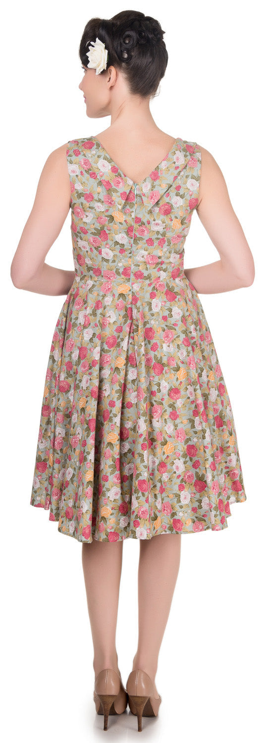 Grace Vintage Style Jive Dress in Pale Teal Flowers Red