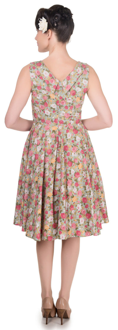 Grace Vintage Style Jive Dress in Pale Teal Flowers Red
