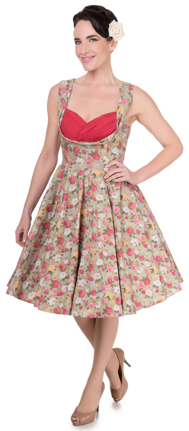 Grace Vintage Style Jive Dress in Pale Teal Flowers Red