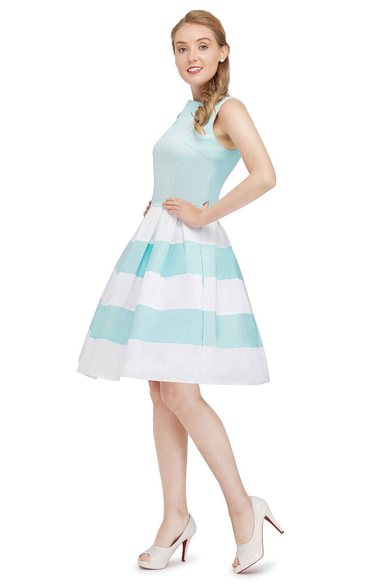 Anna Stripe Retro Rockabilly Swing Dress in Pale-Blue and White