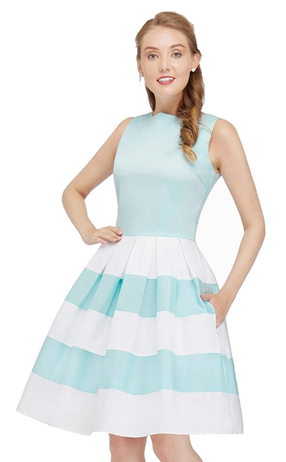 Anna Stripe Retro Rockabilly Swing Dress in Pale-Blue and White