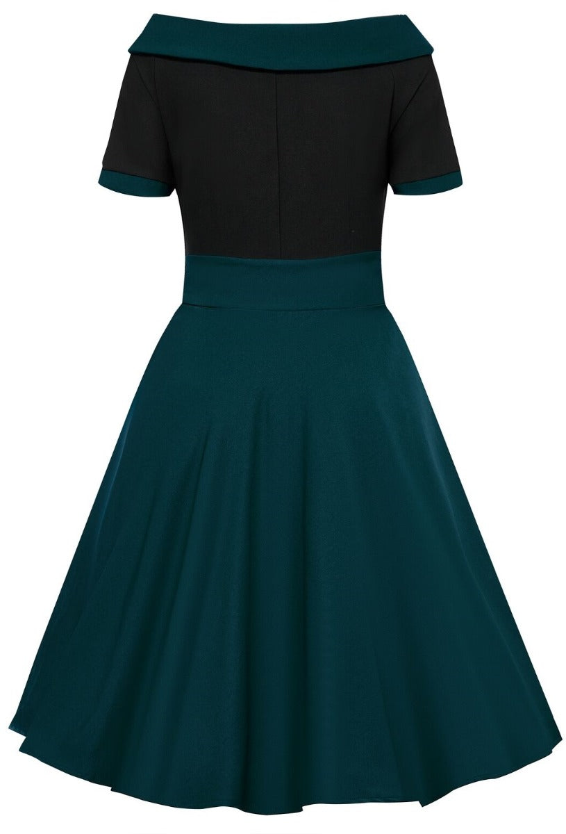 Darlene Full Circle Skirt Flared Dress Black & Blue-Green