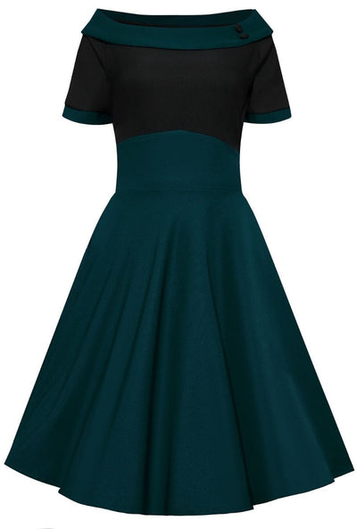 Darlene Full Circle Skirt Flared Dress Black & Blue-Green