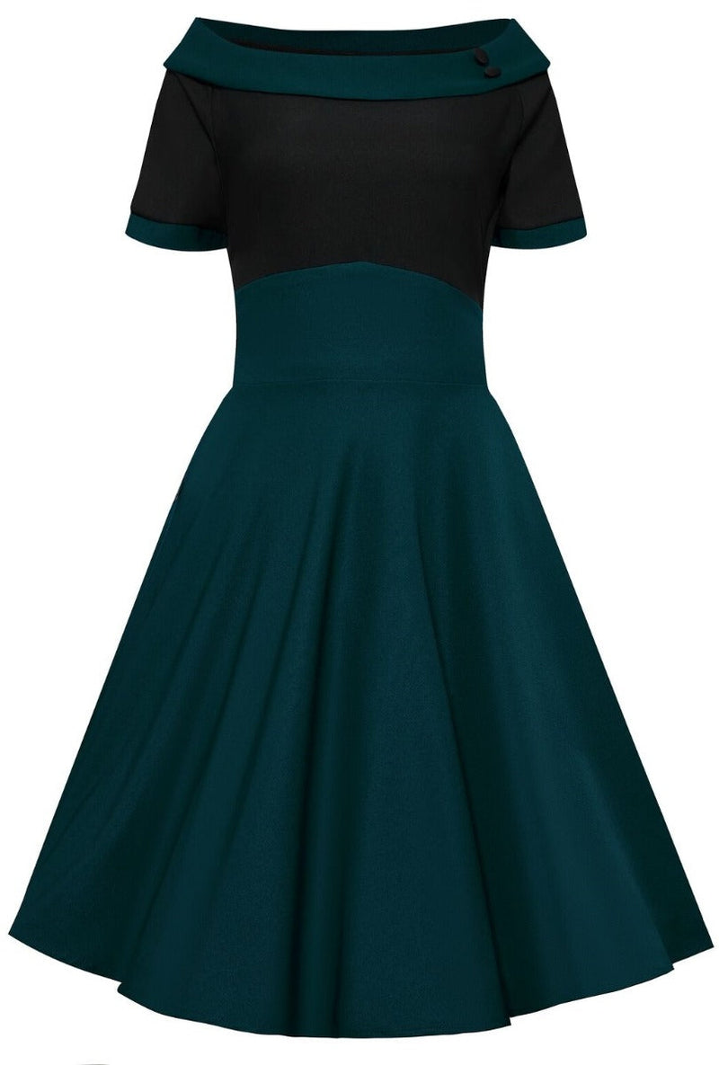 Darlene Full Circle Skirt Flared Dress Black & Blue-Green