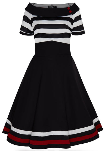 Darlene Retro Full Circle Swing Dress in Black with White and red Stripes