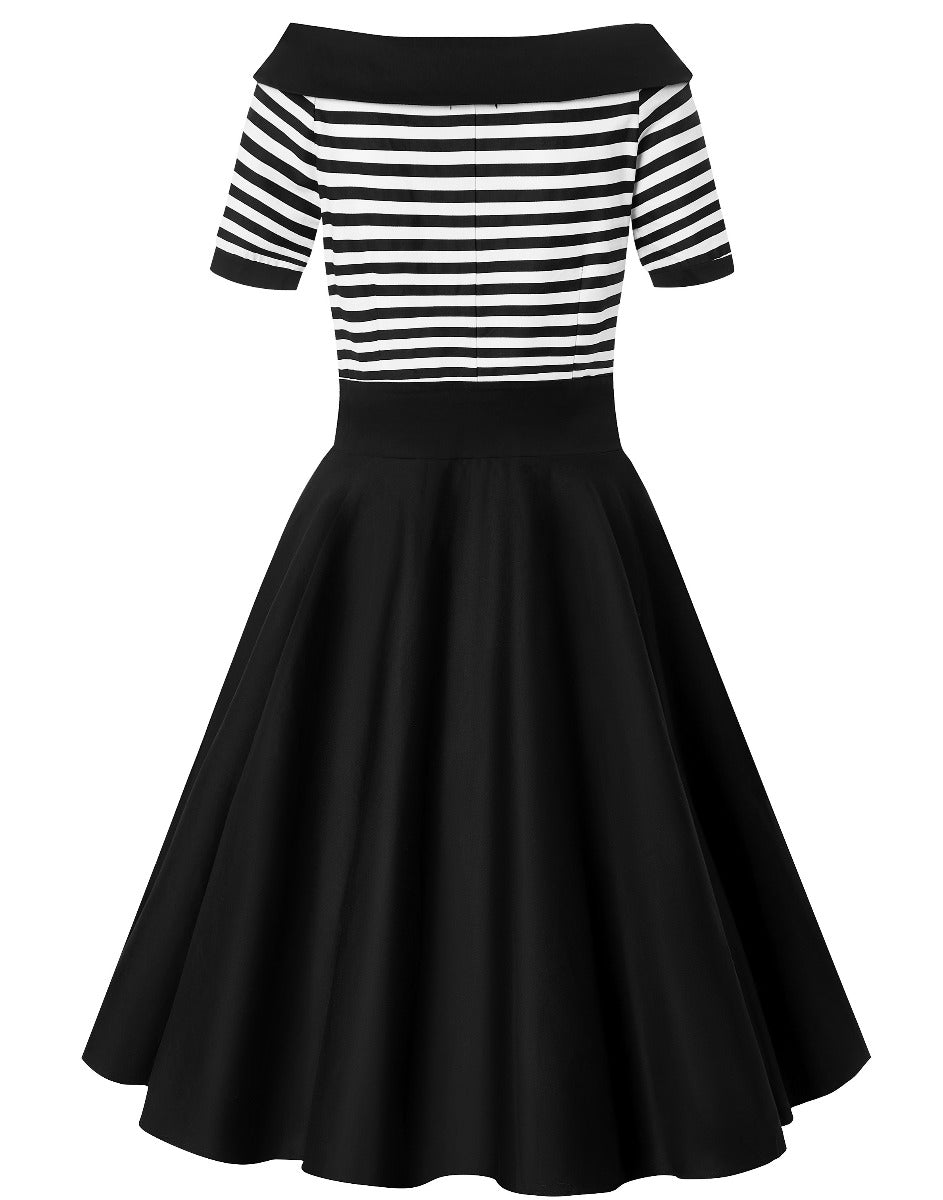 Darlene Mariner Striped Top Retro Swing Dress in Black/White