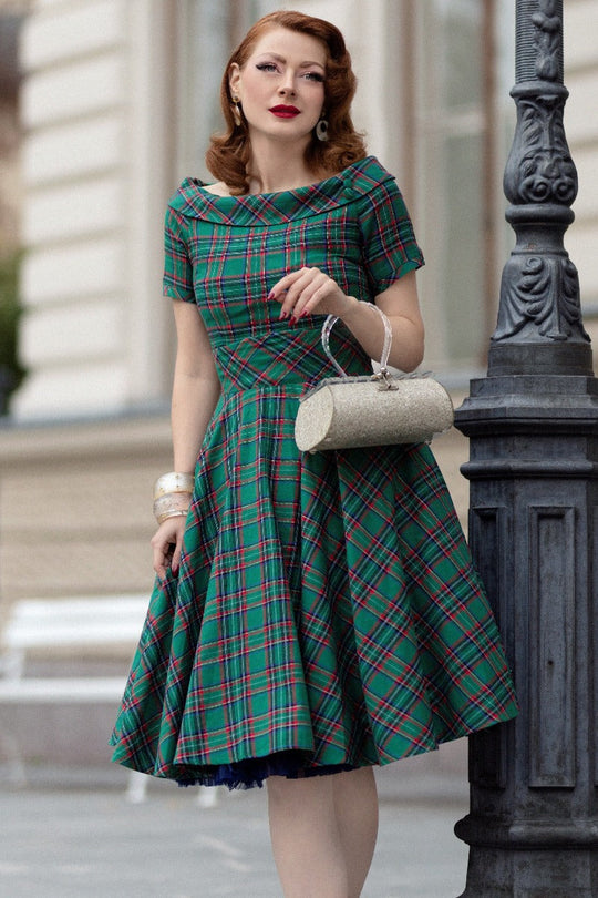Women's Retro Check Swing Dress in Green
