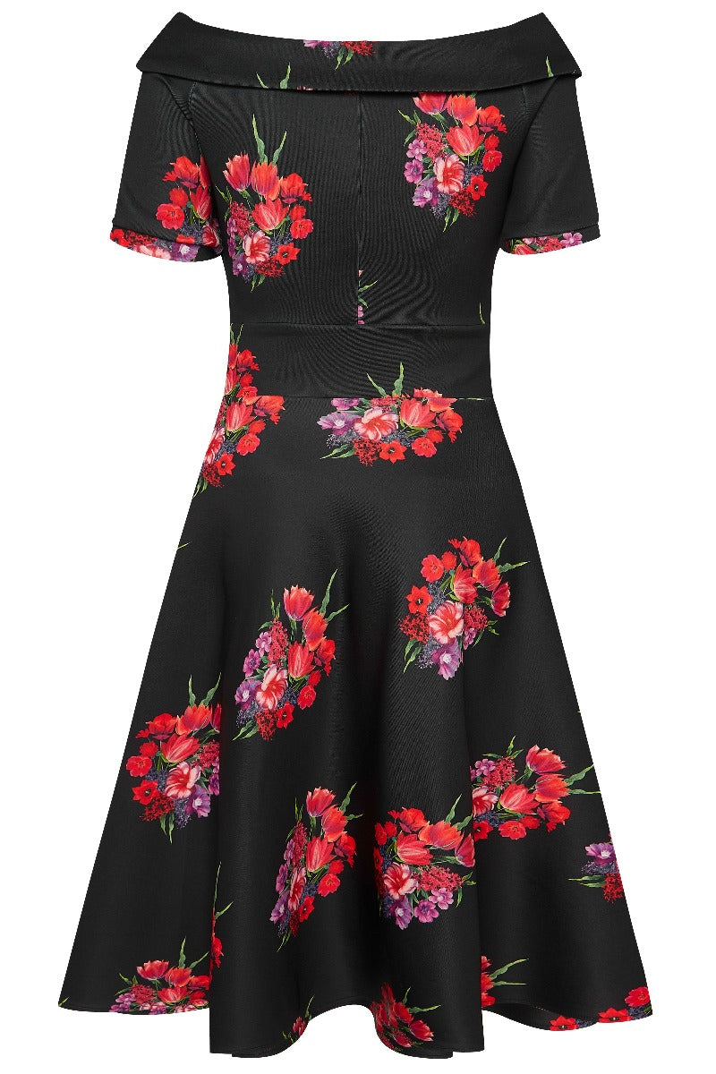 Darlene Retro Red Tulip Swing Dress - Black