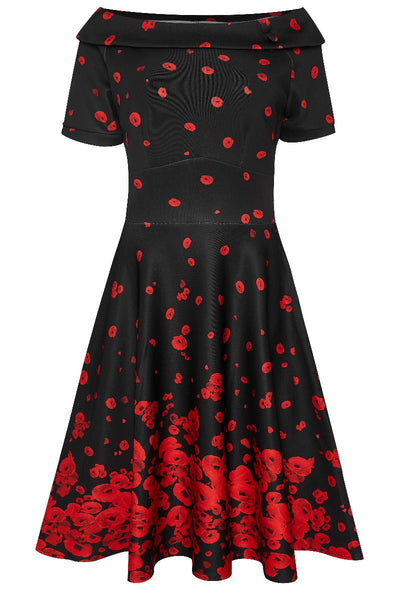 Darlene Retro Raising Poppy Flower Swing Dress - Black