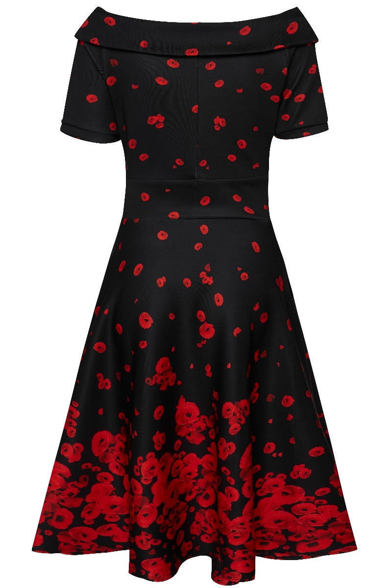 Darlene Retro Raising Poppy Flower Swing Dress - Black
