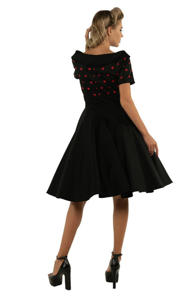 Darlene Rockabilly Polka Dot Swing Dress In Black-Red Top and Black Skirt