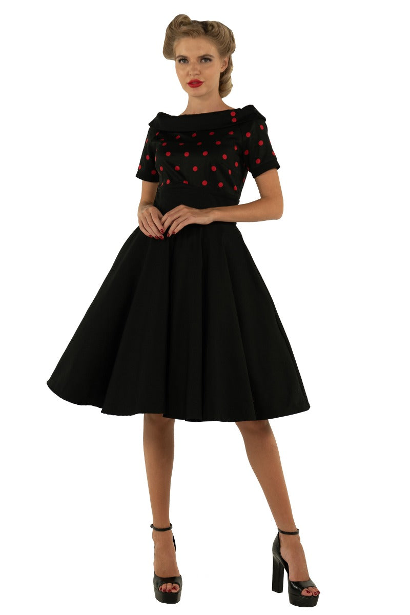 Darlene Rockabilly Polka Dot Swing Dress In Black-Red Top and Black Skirt