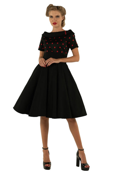 Darlene Rockabilly Polka Dot Swing Dress In Black-Red Top and Black Skirt