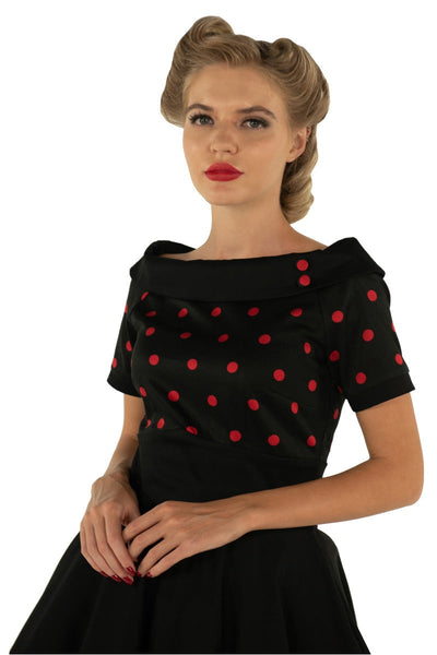 Darlene Rockabilly Polka Dot Swing Dress In Black-Red Top and Black Skirt