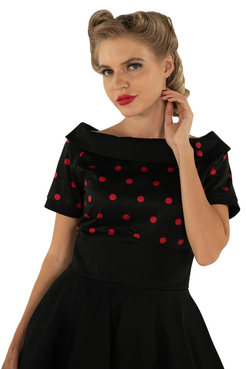 Darlene Rockabilly Polka Dot Swing Dress In Black-Red Top and Black Skirt