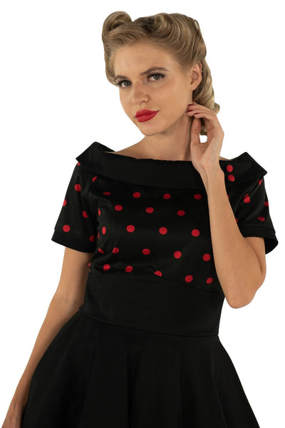 Darlene Rockabilly Polka Dot Swing Dress In Black-Red Top and Black Skirt