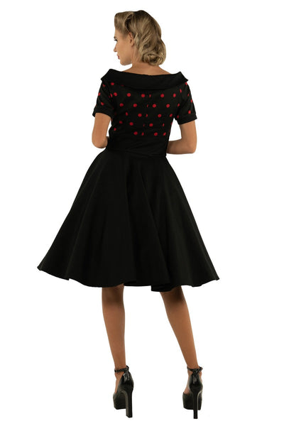 Darlene Rockabilly Polka Dot Swing Dress In Black-Red Top and Black Skirt