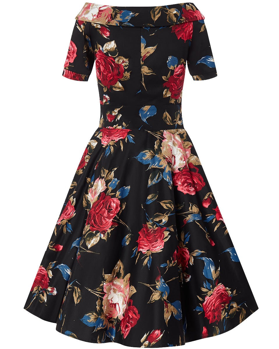 Retro Floral Roses Swing Dress in Black