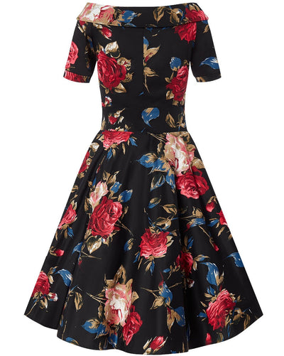 Retro Floral Roses Swing Dress in Black