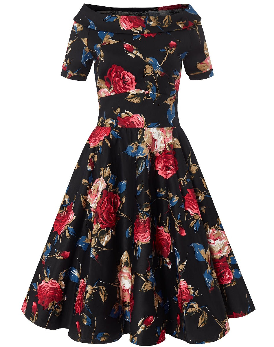 Retro Floral Roses Swing Dress in Black