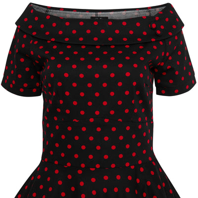 Darlene Retro Polka Dot Swing Dress in Black-Red