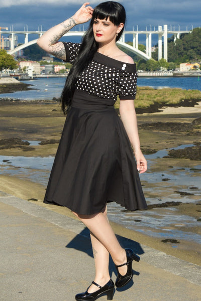 Retro Full Circle Swing Dress in Black and White Polka