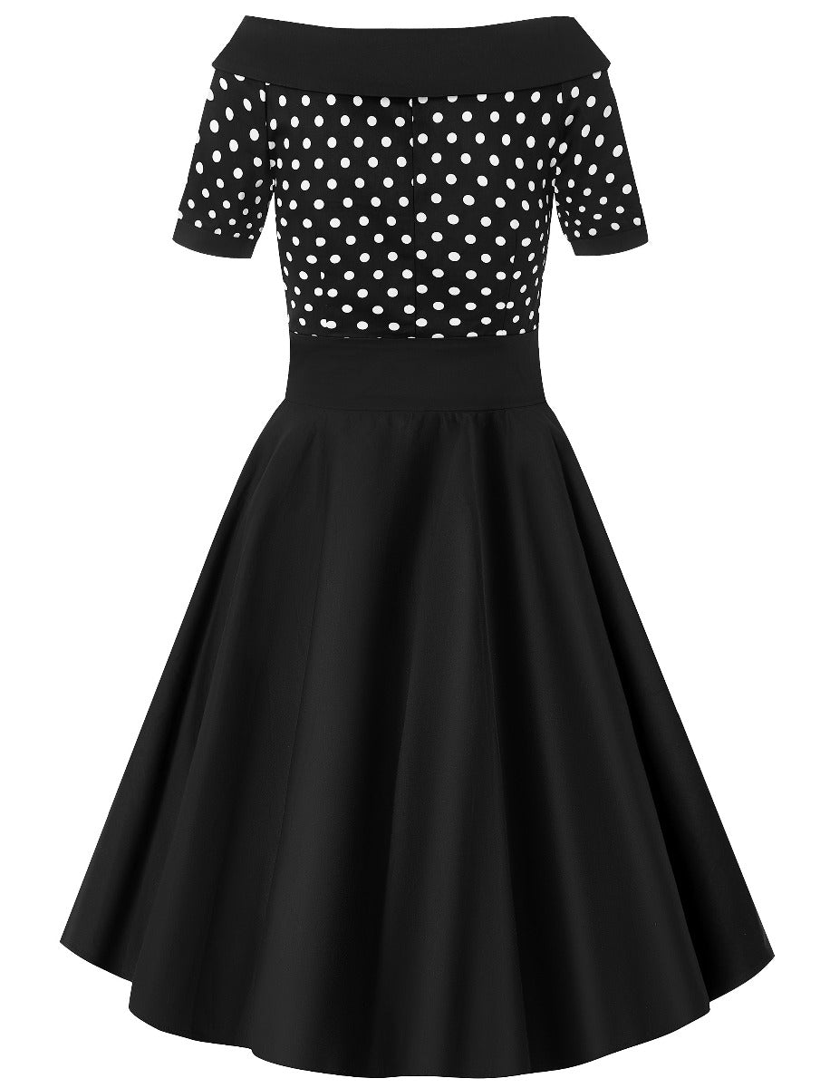 EU STOCK Darlene 50's Style Swing Dress in Black/ White Polka