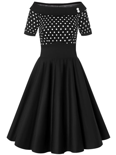 EU STOCK Darlene 50's Style Swing Dress in Black/ White Polka