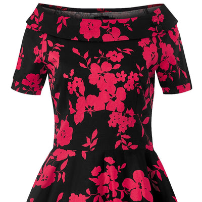 Darlene 50s Style Swing Dress in Black/Red Floral