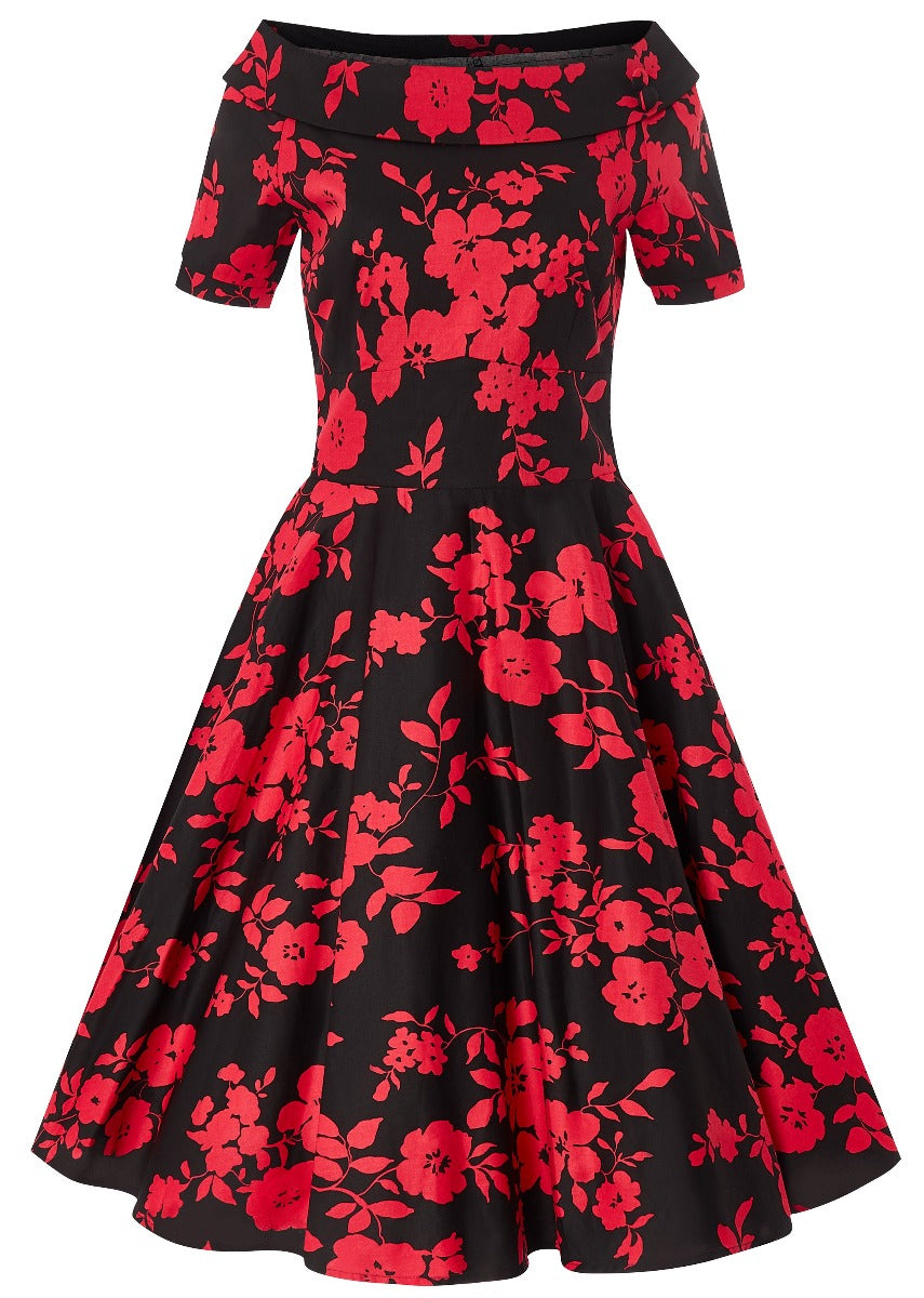 Darlene 50s Style Swing Dress in Black/Red Floral