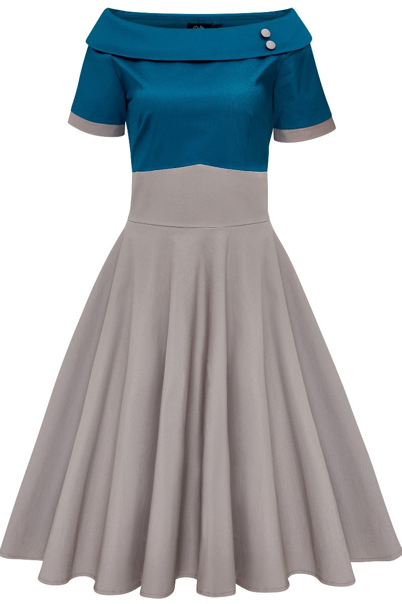 Darlene Rockabilly Swing Dress In Peacock Blue-Grey