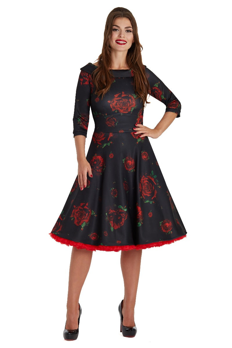 Deborah Flattering Swing Dress in Dark with Red Roses