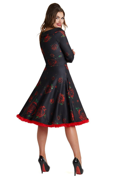 Deborah Flattering Swing Dress in Dark with Red Roses