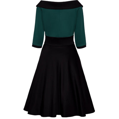Deborah Flattering Long-Sleeved Swing Dress In Green Top and Black Skirt