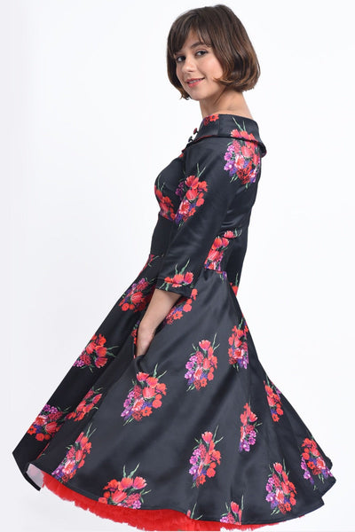Deborah Long-Sleeved Swing Dress in Black with Pink Flowers
