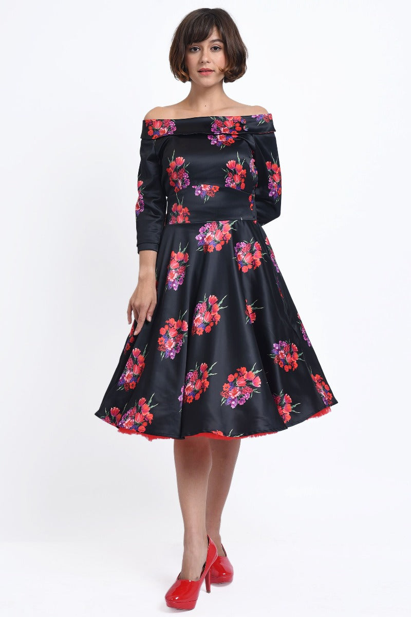 Deborah Long-Sleeved Swing Dress in Black with Pink Flowers